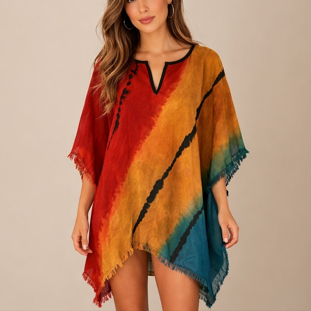 DILEMMA Handpainted Multicolor Hippie Splitneck Open Weave Poncho
